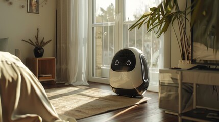 Canvas Print - Robot vacuum cleaner cleaning the floor in the living room at home