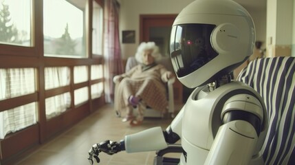 Wall Mural - Robot helping elderly woman in living room at home. Selective focus
