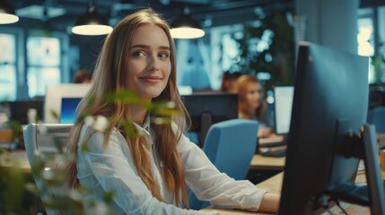 Happy young employee using computer in modern office with colleagues. Beautiful manager smiling, working on financial and marketing projects. AI Generated