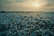 a grey unmoving sea of plastic bottles covering the landю waste, pollution of the oceans, climate change
