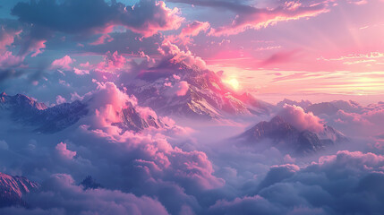 Wall Mural - A mountain range with a pink sky and clouds