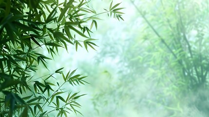 Wall Mural - Serene bamboo forest in mist with lush greenery. Calm and peaceful nature scene. Ideal for relaxation and backdrop purposes. Tranquil and refreshing. AI