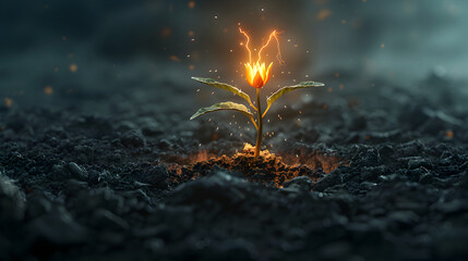 Wall Mural - a fiery flower breaks out from the ground. sparks, lightning