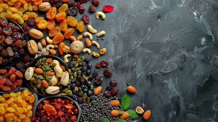 Wall Mural - Flat lay of assorted dried fruits and nuts. Healthy vegan food concept