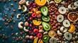 © Nijat - Flat lay of assorted dried fruits and nuts. Healthy vegan food concept