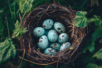 Top view of a birds nest nestled in amongst green leaves and grass. Inside the nest are tiny white eggs