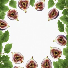 Wall Mural - Fresh figs with green leaves on white. Top view, copy space for text.