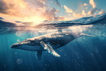 Large whale floating underwater. Concept for World Ocean Day.