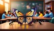  An anamorphic butterfly in front of a chalkboard, teaching a class of tiny insect students,
