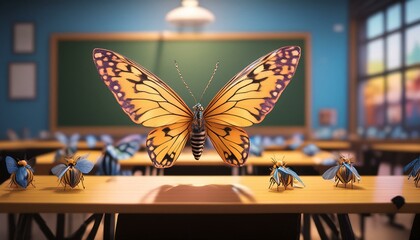 Wall Mural -  An anamorphic butterfly in front of a chalkboard, teaching a class of tiny insect students,