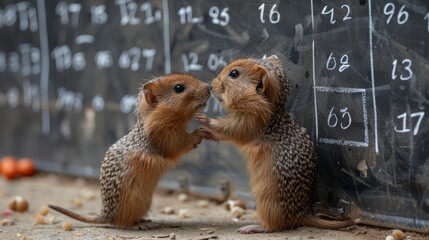 Wall Mural -   A pair of small animals stand beside each other atop a dirt field, adjacent to a chalkboard