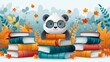   A panda sitting atop three stacked pillows of books