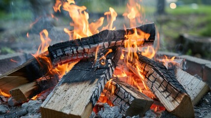 Poster - Flames burn wood and logs in fire pit