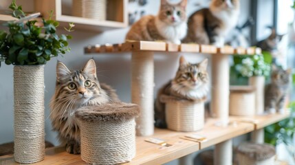 A group of cats sitting on a wooden shelf