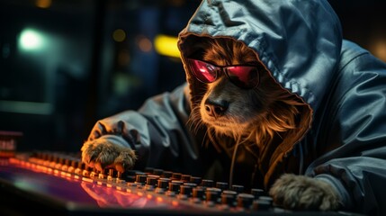 Wall Mural - A dog wearing a hoodie and sunglasses is hacking into a computer system.