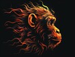 A close up of a monkey's face on a black background. A magical creature made of fire.