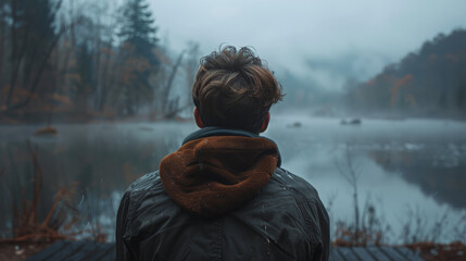 A man is sitting on a wooden platform by a lake, wearing a brown jacket