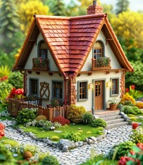 Small cottage house surrounded by flowers and greenery