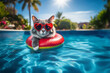 Happy animals cat swimming in the swimming pool on resort on background of palm trees on a sunny day.