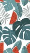 Tropical Watermelon and Monstera Leaf Pattern Design for Summer Fabrics and Wallpapers.