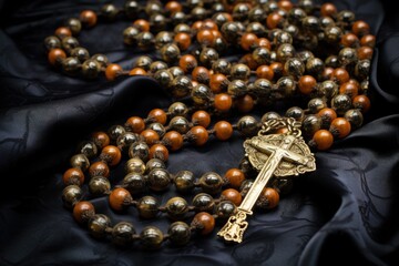 A rosary with brown wooden beads and a detailed golden cross