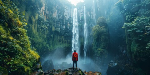 Wall Mural - A person standing on a rock in front of a waterfall in the jungle