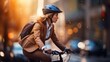 © inthasone - businesswoman go to work at office stand and smiling wear backpack with bicycle on street around building on a city. Bike commuting, Commute on bike, Business commuter concept.
