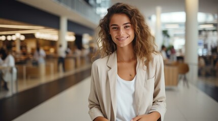 Wall Mural - Portrait of a young woman with curly hair smiling in a shopping mall