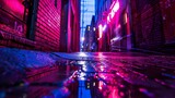 Fototapeta Zachód słońca - Bustling Urban Alley Glowing with Neon Signage at Night