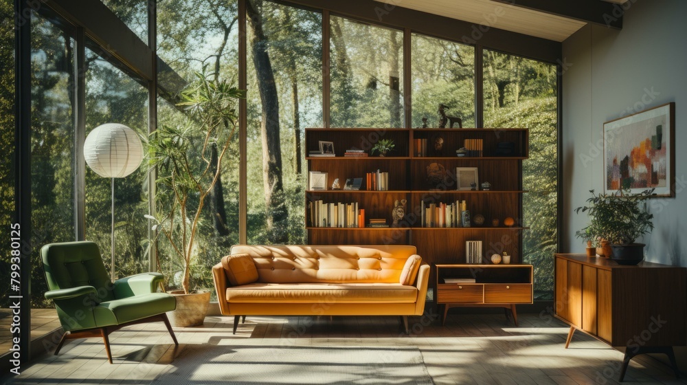 mid century modern living room interior design Stock Illustration ...