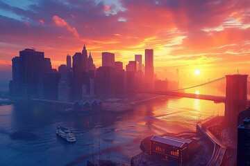 Canvas Print - New York Cityscape Illustration at Sunset