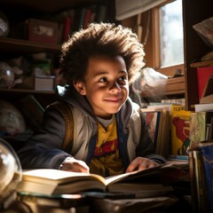 Sticker - Young boy reading a book in a library