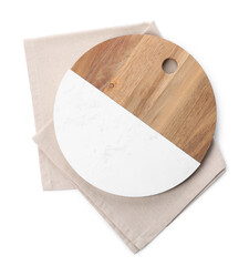 Empty cutting board and napkin isolated on white, top view