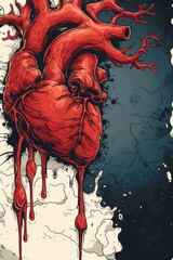 Wall Mural - A drawing of a red heart with dripping blood on it, AI