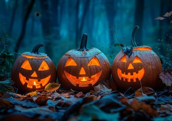 Wall Mural - Three carved pumpkins sit in a spooky forest at night