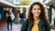 © Adobe Contributor - Portrait of a smiling young woman with curly hair wearing a yellow shirt and a green jacket standing in a university campus