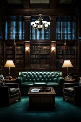 Wall Mural - Luxurious library with green leather furniture