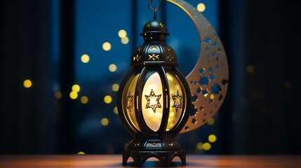 Sticker - Ramadan Kareem greeting card. Ramadan lantern and crescent. 3D rendering