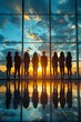 A group of people standing in front of a large window, AI