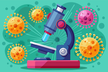 Poster - microscope focused on a single virus particle, magnified and detailed to reveal its intricate structure.