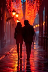 Poster - A couple of people are walking down a street with lights, AI