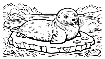 Sticker -  An ice floe with a seal resting on it, surrounded by snow-capped mountains and rocky cliffs Coloring page background