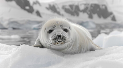 Wall Mural -   A white seal lies atop a snow pile adjacent to an ice float surrounded by snow