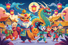 Magical Lunar New Year Parade With Mythical Creatures