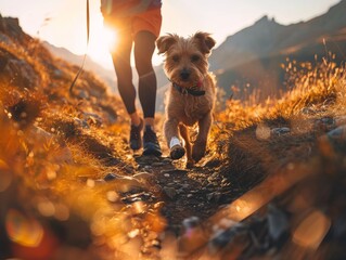 Wall Mural - A person hiking with their dog in the mountains