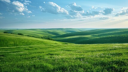 Wall Mural - Green rolling hills under blue sky with white clouds