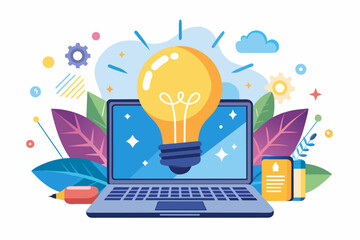 Aufkleber - light bulb sparks above a laptop, representing a creative and innovative influencer campaign attracting a loyal following.