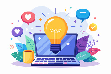 Poster - light bulb sparks above a laptop, symbolizing a creative influencer campaign attracting a loyal following.