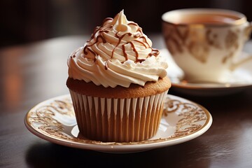 Canvas Print - A cupcake with white frosting and chocolate drizzle sits on a saucer in front of a cup of tea.