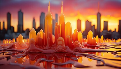 Wall Mural - An abstract urban skyline, with buildings shaped like melting wax figures against a backdrop 